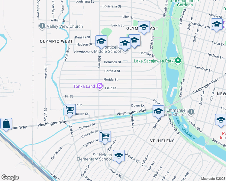 map of restaurants, bars, coffee shops, grocery stores, and more near 2929 Field Street in Longview