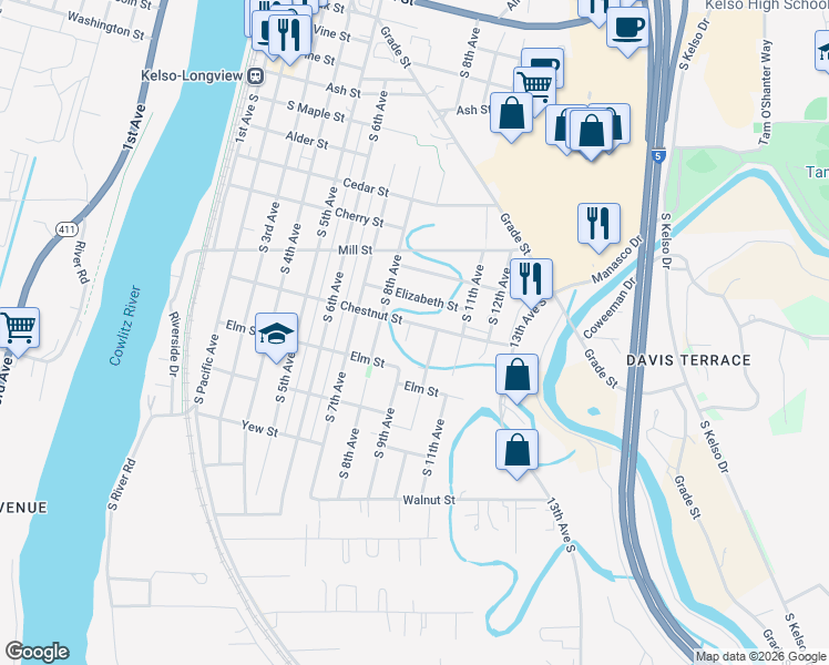 map of restaurants, bars, coffee shops, grocery stores, and more near 900 Chestnut Street in Kelso