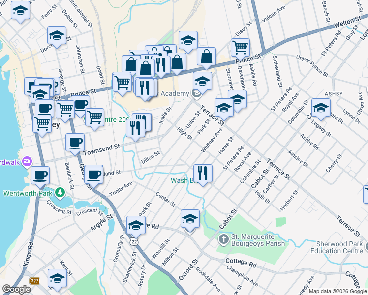 map of restaurants, bars, coffee shops, grocery stores, and more near 185 Park Street in Sydney