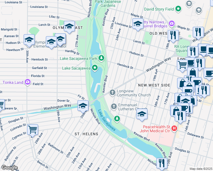 map of restaurants, bars, coffee shops, grocery stores, and more near 1016 Kessler Boulevard in Longview