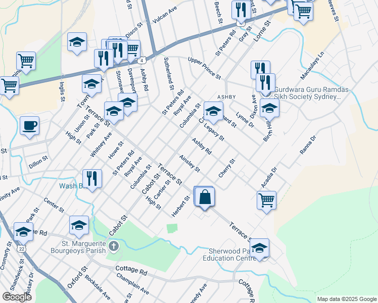 map of restaurants, bars, coffee shops, grocery stores, and more near 317 Cartier Street in Sydney