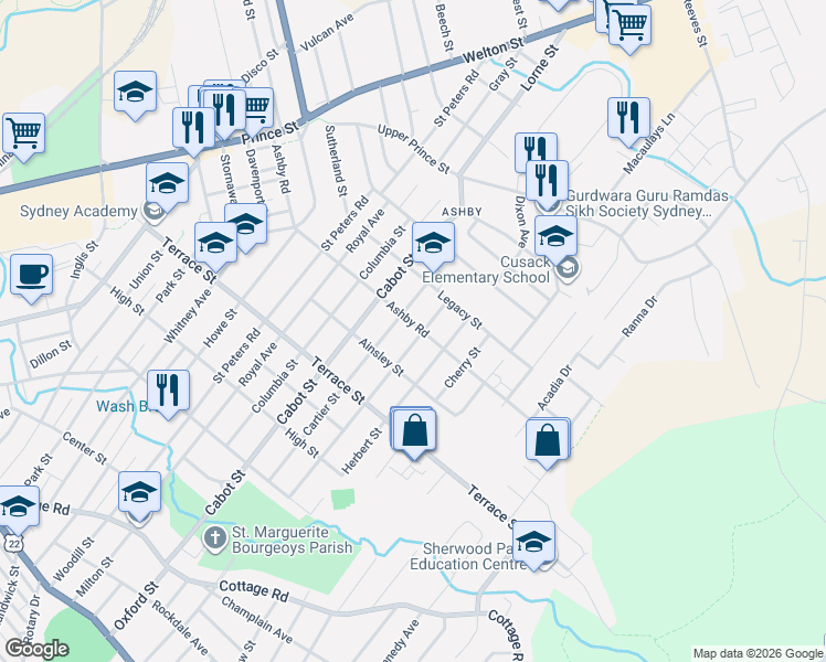 map of restaurants, bars, coffee shops, grocery stores, and more near 216 Ashby Road in Sydney