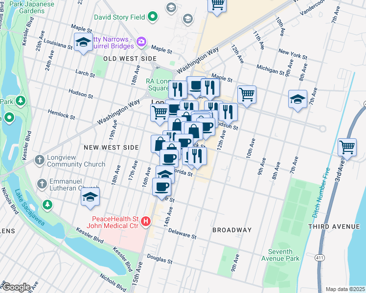 map of restaurants, bars, coffee shops, grocery stores, and more near 1159 14th Ave in Longview