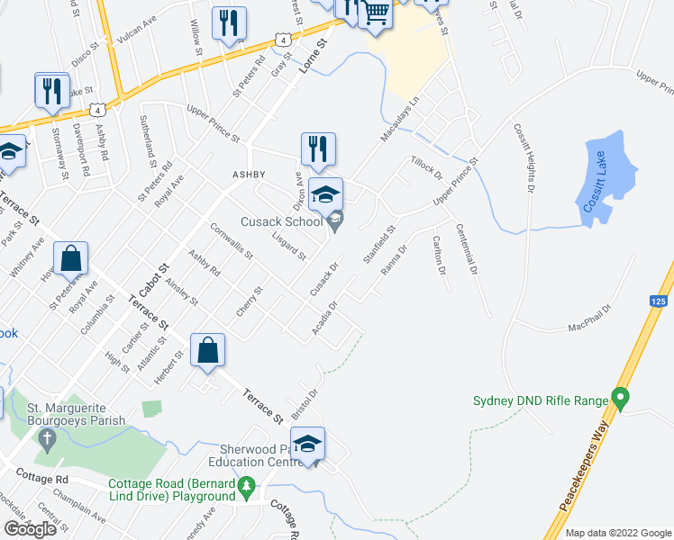 map of restaurants, bars, coffee shops, grocery stores, and more near 232 Cusack Drive in Sydney
