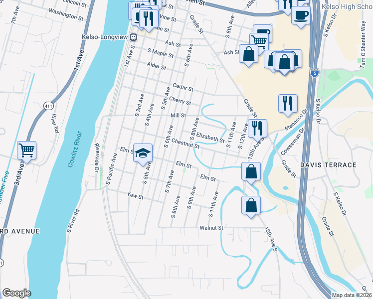 map of restaurants, bars, coffee shops, grocery stores, and more near 1103 South 8th Avenue in Kelso