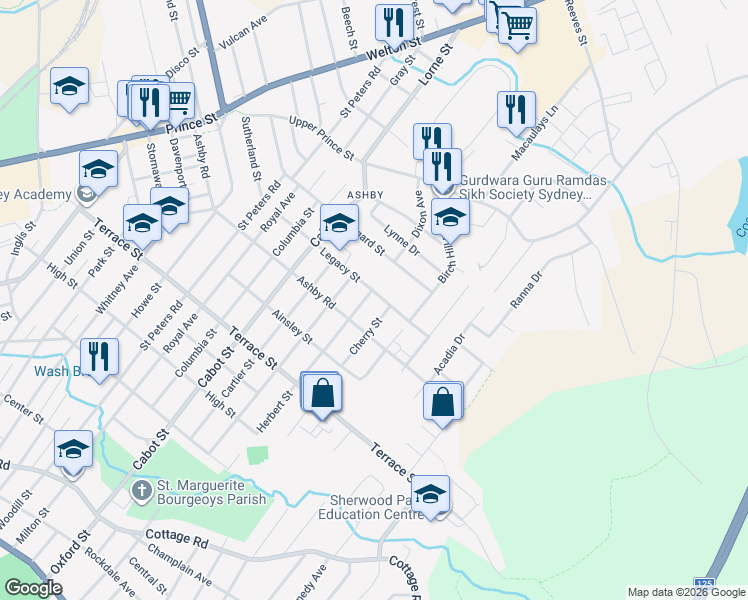 map of restaurants, bars, coffee shops, grocery stores, and more near 124 Legacy Street in Sydney