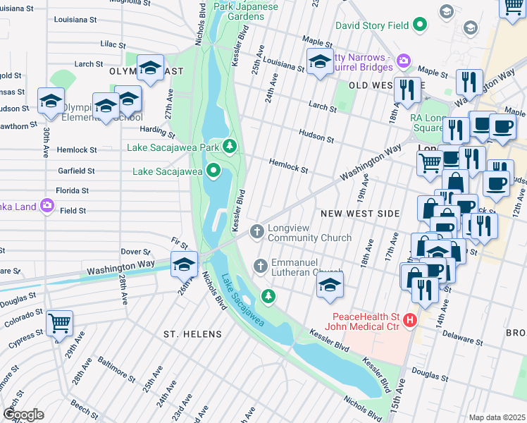 map of restaurants, bars, coffee shops, grocery stores, and more near 1024 23rd Avenue in Longview