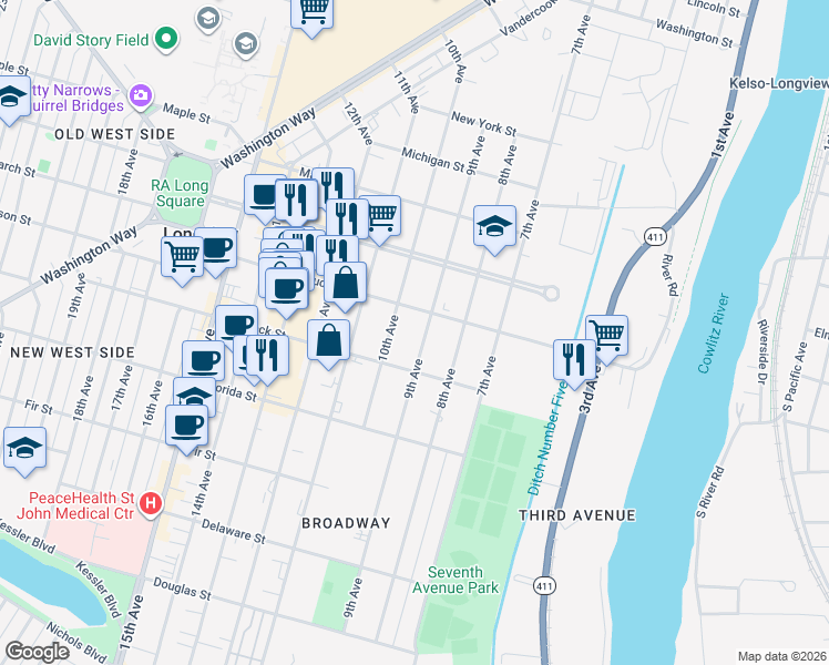 map of restaurants, bars, coffee shops, grocery stores, and more near 1253 9th Avenue in Longview