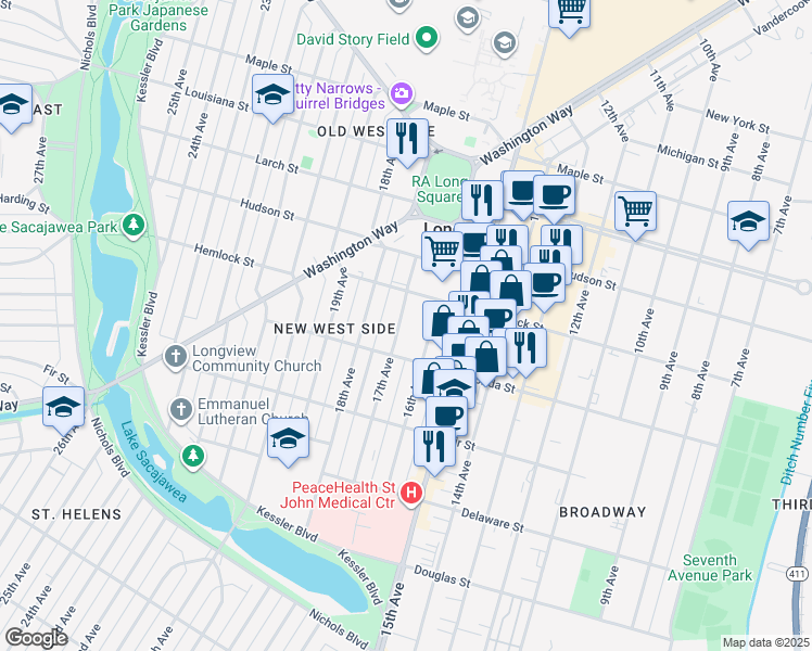 map of restaurants, bars, coffee shops, grocery stores, and more near 1136 17th Avenue in Longview