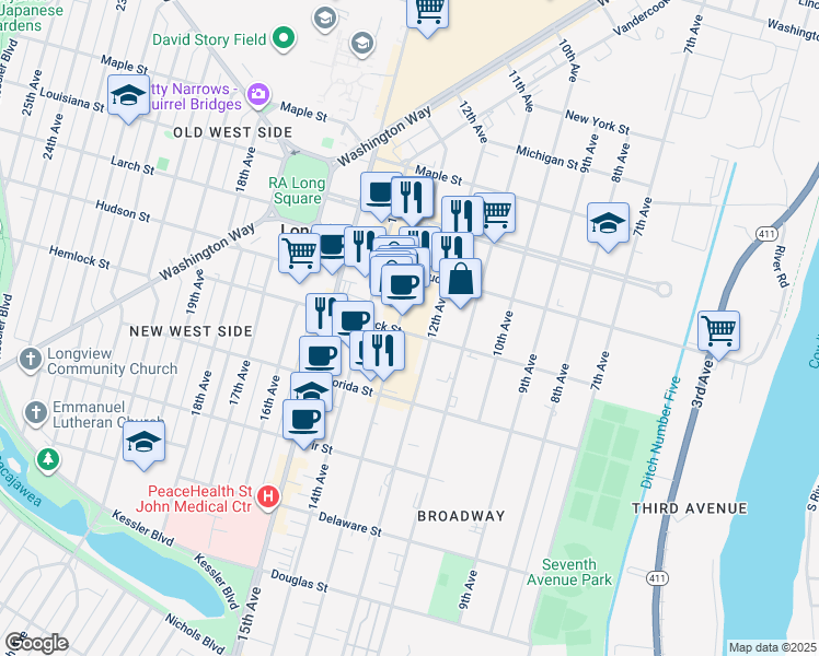 map of restaurants, bars, coffee shops, grocery stores, and more near 1202 Commerce Avenue in Longview