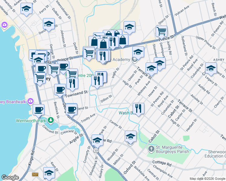 map of restaurants, bars, coffee shops, grocery stores, and more near 318 Townsend Street in Sydney