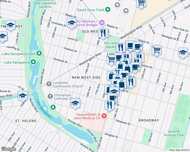 map of restaurants, bars, coffee shops, grocery stores, and more near 1128 18th Avenue in Longview