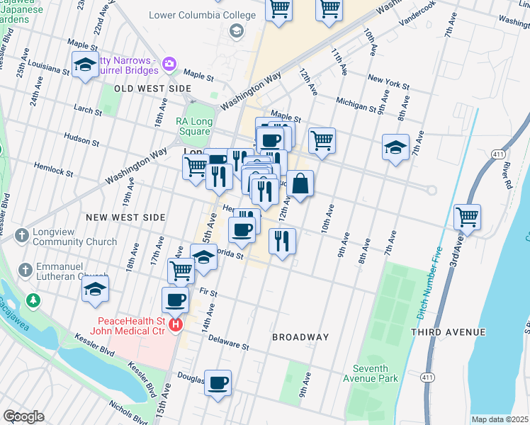 map of restaurants, bars, coffee shops, grocery stores, and more near 1208 Commerce Avenue in Longview