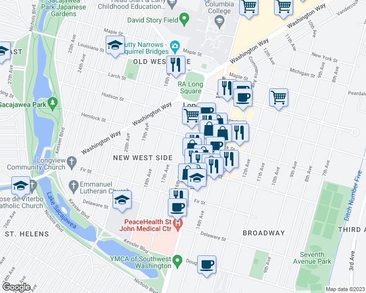 map of restaurants, bars, coffee shops, grocery stores, and more near 1153 16th Avenue in Longview