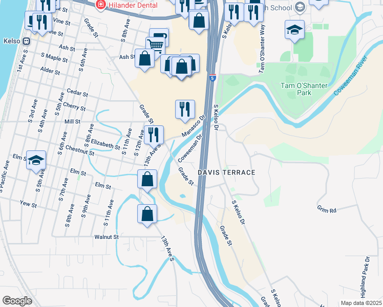 map of restaurants, bars, coffee shops, grocery stores, and more near 1602 Jefferson Street in Kelso
