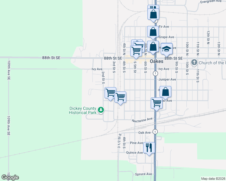map of restaurants, bars, coffee shops, grocery stores, and more near 248-298 Kola Avenue in Oakes