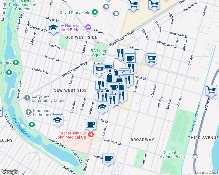 map of restaurants, bars, coffee shops, grocery stores, and more near 1159 14th Avenue in Longview