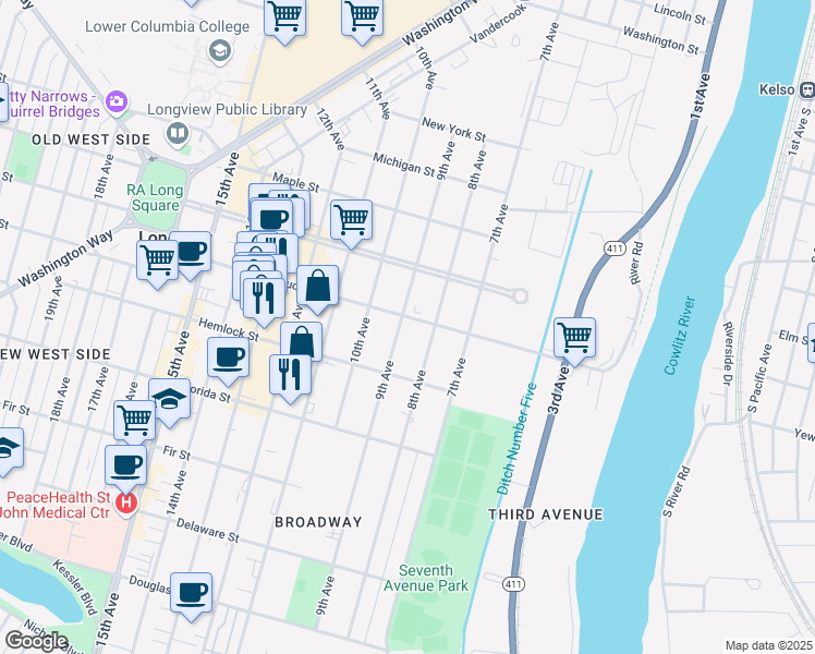 map of restaurants, bars, coffee shops, grocery stores, and more near 831 Hudson Street in Longview