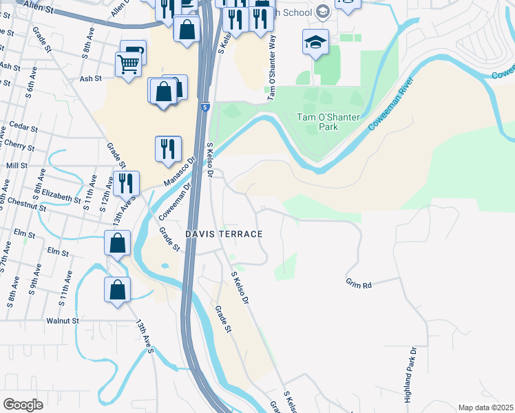 map of restaurants, bars, coffee shops, grocery stores, and more near 1817 Alma Drive in Kelso