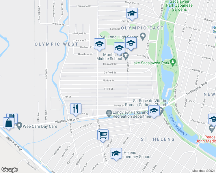 map of restaurants, bars, coffee shops, grocery stores, and more near 2929 Field Street in Longview