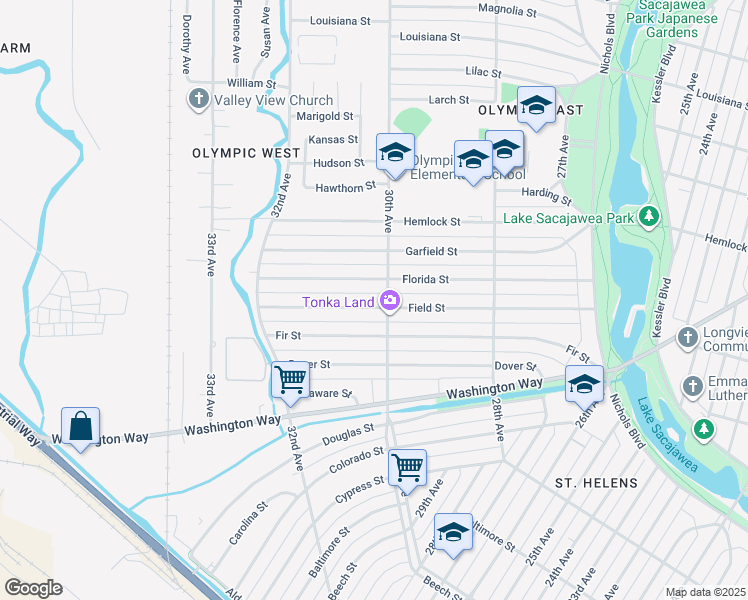 map of restaurants, bars, coffee shops, grocery stores, and more near 3014 Field Street in Longview