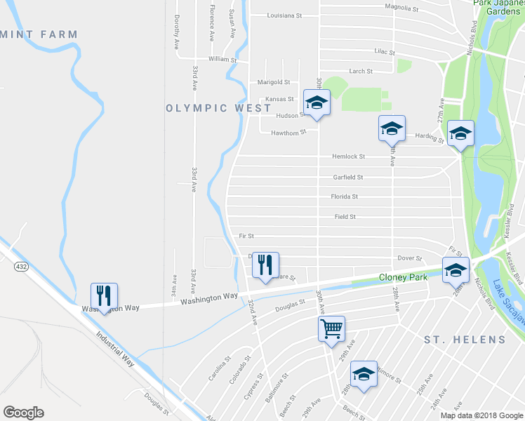 map of restaurants, bars, coffee shops, grocery stores, and more near 3128 Field Street in Longview