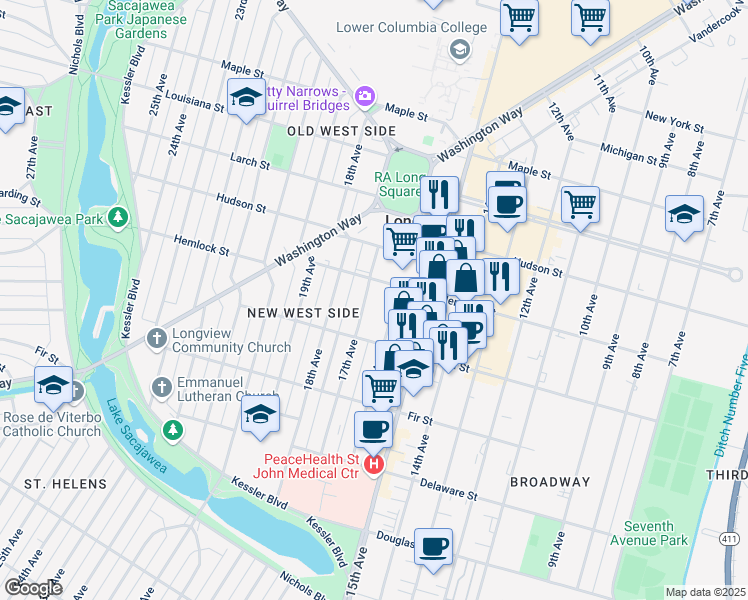 map of restaurants, bars, coffee shops, grocery stores, and more near 1136 17th Avenue in Longview