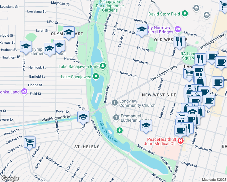 map of restaurants, bars, coffee shops, grocery stores, and more near 1024 23rd Avenue in Longview