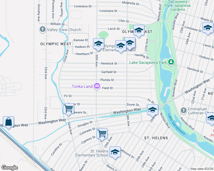 map of restaurants, bars, coffee shops, grocery stores, and more near 2929 Field Street in Longview