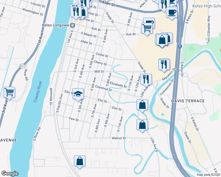 map of restaurants, bars, coffee shops, grocery stores, and more near 900 Chestnut Street in Kelso