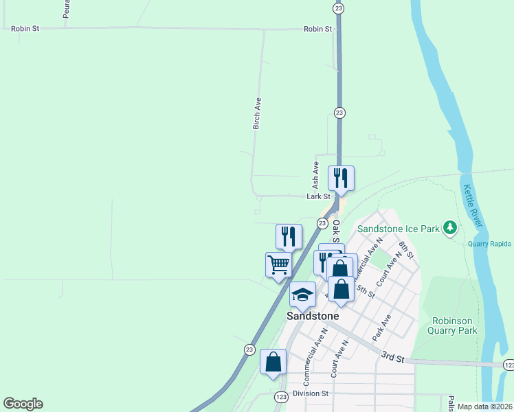 map of restaurants, bars, coffee shops, grocery stores, and more near 343 Lark Street in Sandstone