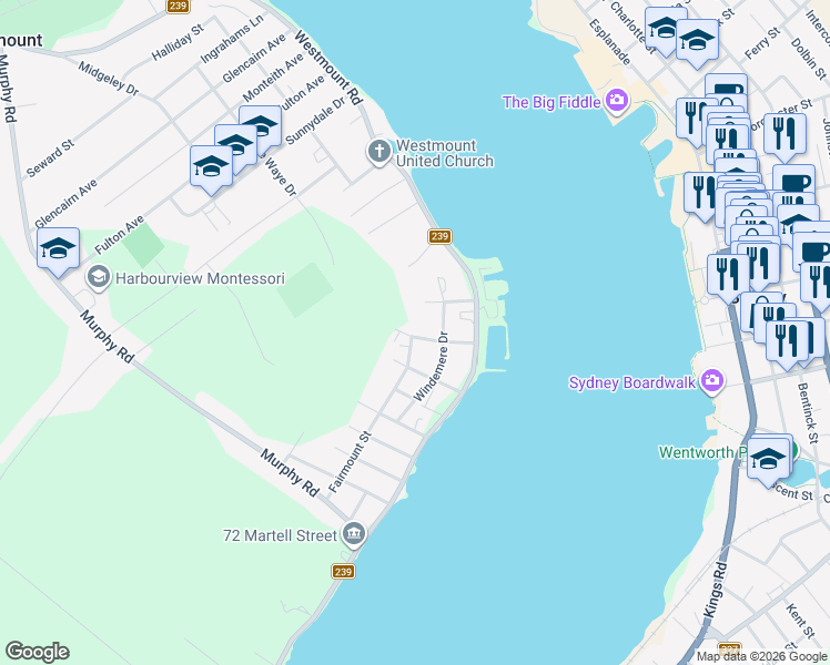 map of restaurants, bars, coffee shops, grocery stores, and more near 50 Myrtle Street in Sydney