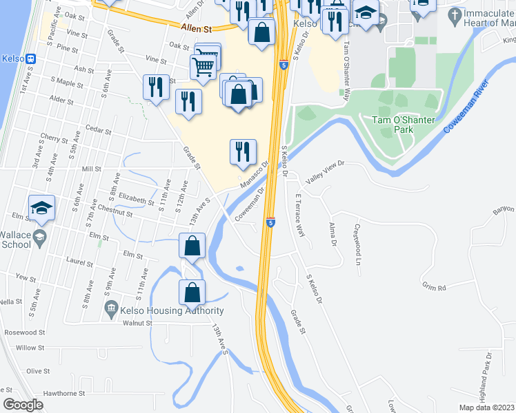 map of restaurants, bars, coffee shops, grocery stores, and more near 1698 Jefferson Street in Kelso