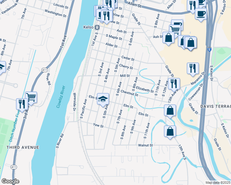 map of restaurants, bars, coffee shops, grocery stores, and more near 1103 South 6th Avenue in Kelso