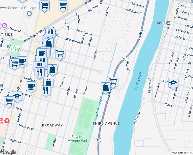 map of restaurants, bars, coffee shops, grocery stores, and more near 605 Broadway Street in Longview
