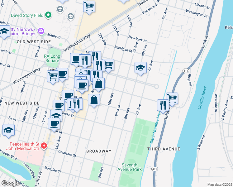 map of restaurants, bars, coffee shops, grocery stores, and more near 1253 9th Avenue in Longview