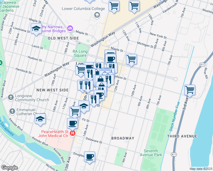 map of restaurants, bars, coffee shops, grocery stores, and more near 1171 Commerce Avenue in Longview