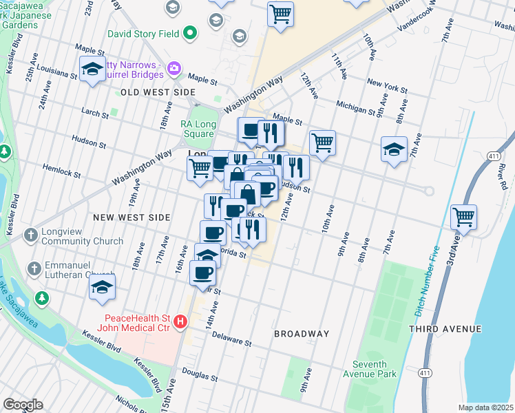map of restaurants, bars, coffee shops, grocery stores, and more near 1171 Commerce Avenue in Longview