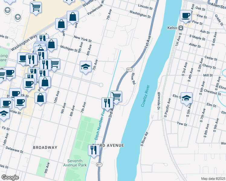 map of restaurants, bars, coffee shops, grocery stores, and more near 310 Hudson Street in Longview