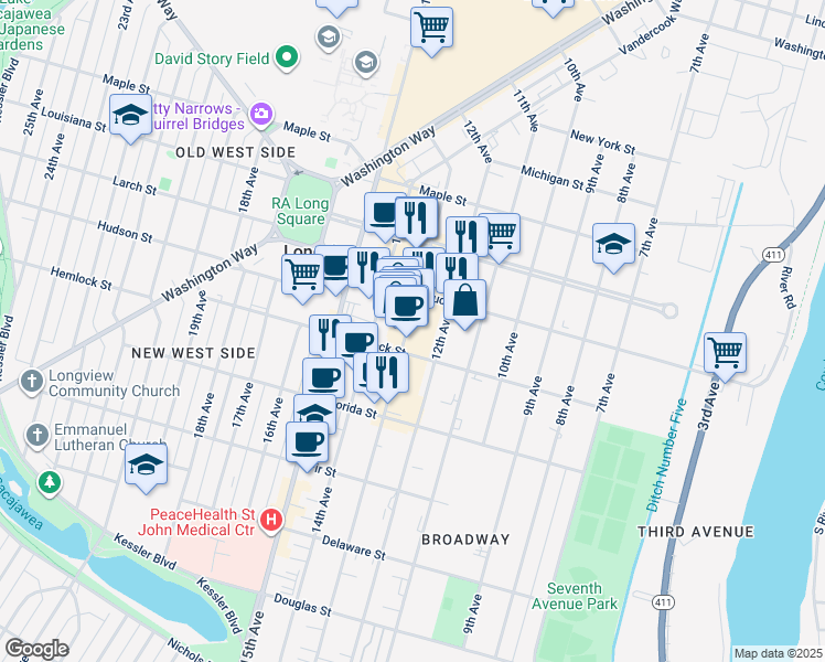 map of restaurants, bars, coffee shops, grocery stores, and more near 1202 Commerce Avenue in Longview