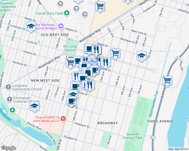 map of restaurants, bars, coffee shops, grocery stores, and more near 1171 Commerce Avenue in Longview