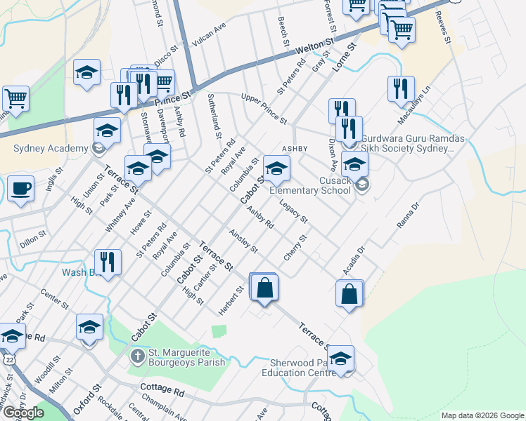 map of restaurants, bars, coffee shops, grocery stores, and more near 348 Cartier Street in Sydney