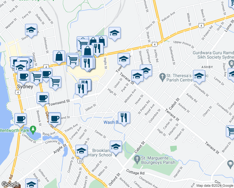 map of restaurants, bars, coffee shops, grocery stores, and more near 213 Park Street in Sydney