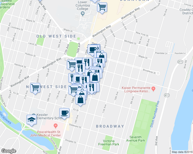 map of restaurants, bars, coffee shops, grocery stores, and more near 1171 Commerce Avenue in Longview