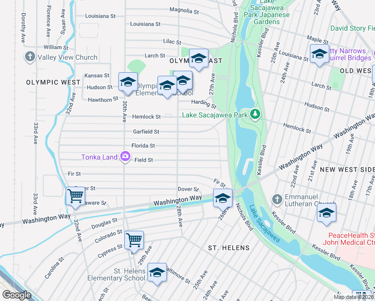 map of restaurants, bars, coffee shops, grocery stores, and more near 2719 Field Street in Longview