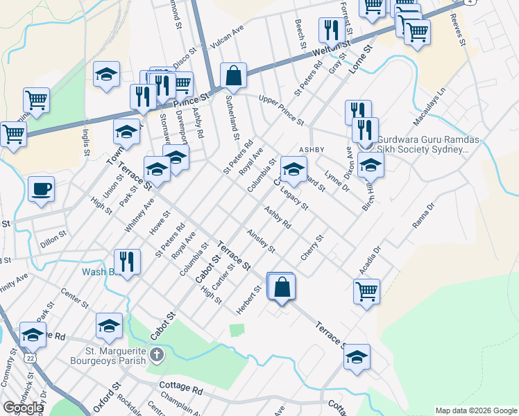 map of restaurants, bars, coffee shops, grocery stores, and more near 196 Ashby Road in Sydney