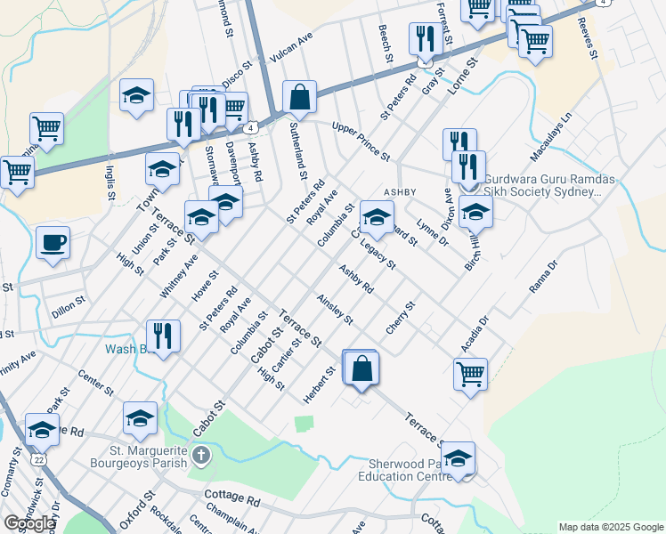 map of restaurants, bars, coffee shops, grocery stores, and more near 196 Ashby Road in Sydney