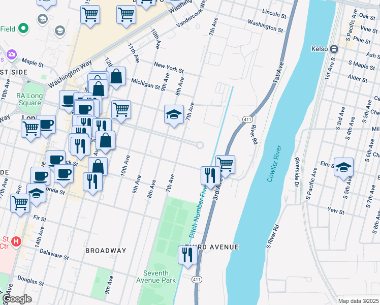 map of restaurants, bars, coffee shops, grocery stores, and more near 605 Broadway Street in Longview