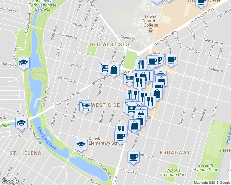 map of restaurants, bars, coffee shops, grocery stores, and more near 1128 18th Avenue in Longview