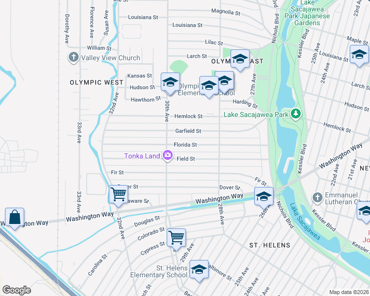 map of restaurants, bars, coffee shops, grocery stores, and more near 2929 Field Street in Longview